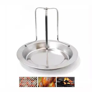 Stainless steel vertical chicken roaster and grill pan for outdoor BBQ camping cooking.