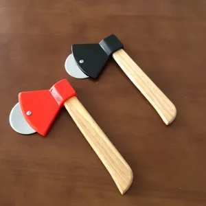 Novelty axe pizza cutter with stainless steel rolling blade and wooden handle for kitchen baking.