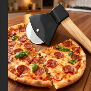 Stainless steel axe pizza cutter with wooden handle for slicing pizza and baking gadgets.