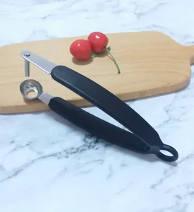 Vue en gros plan du dénoyauteur de cerises en acier inoxydable avec poignée ergonomique.