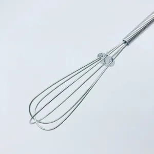 Detailed view of stainless steel mini manual egg whisk with convenient spring handle.