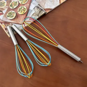 Detail view of manual stainless steel handle silicone egg whisk set, multi-purpose baking tool.