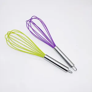 Manual silicone wire whisk with stainless steel handle for baking and kitchen use.