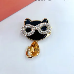 Cute cat rhinestone brooch crystal teardrop pin stylish lapel accessory for women apparel.