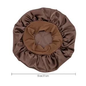 Gorro de dormir de satén marrón para mujer, gorro elástico cómodo para cuidado del cabello nocturno.
