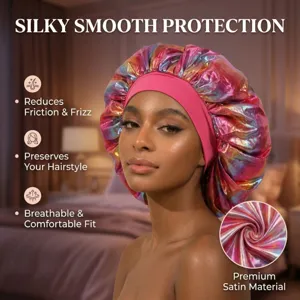 Holographic satin sleep cap, anti-frizz hair bonnet for night protection and styling.