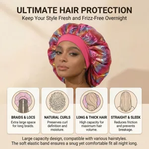 Large satin sleep bonnet for women, extra-large cap with soft elastic band for hair care.
