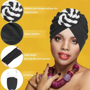 Gorro turbante negro para mujer con nudo trenzado, elegante tocado elástico y cómodo.