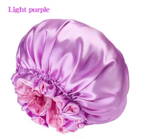 Double layer satin sleep bonnet light purple oversized hair cap for night sleep care
