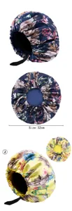 Detailed view of floral satin sleep bonnet with adjustable elastic strap and 32cm size.