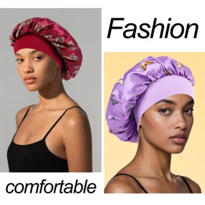 Satin sleep cap wide brim hair bonnet with butterfly print for women hair care and sleeping