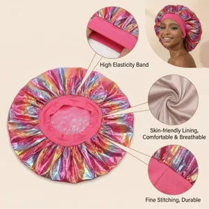 Detailed view of large metallic satin sleep bonnet featuring high elastic band and soft lining.