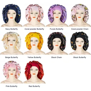 Bonnet de nuit en satin avec large bande et nœud papillon imprimé papillon cheveux