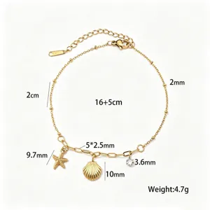 Gold seashell starfish rhinestone charm bracelet or anklet with extension chain and size details