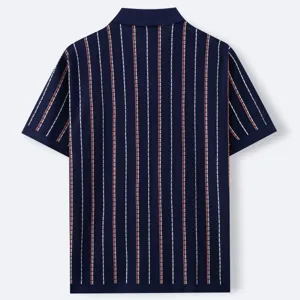 Men's summer short sleeve knit polo shirt with stylish vertical stripes and classic lapel.