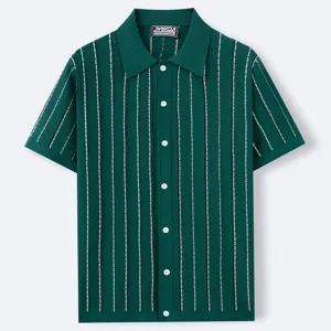 Men's green knitted polo shirt, short sleeve with stylish vertical stripes and front buttons.