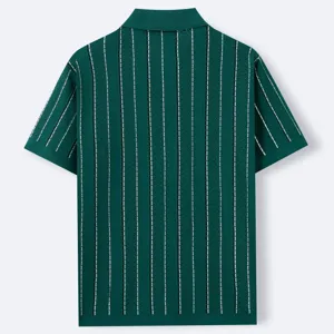 Detail view of the green striped knit polo shirt, showing close-up details and texture.