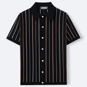 Men's short sleeve knit polo shirt with vertical stripes and button closure for summer casual wear.