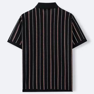 Men's short sleeve knit polo shirt, black vertical striped design, detailed back view.