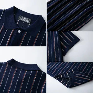 Close-up detail of the knit polo shirt showcasing the collar, stripes, and fabric texture.