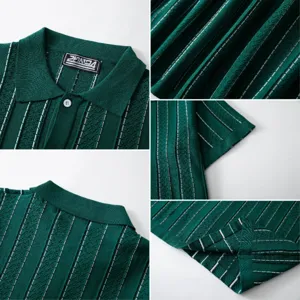 Detailed view of men's dark green striped knit polo shirt collar, texture and fabric hem.