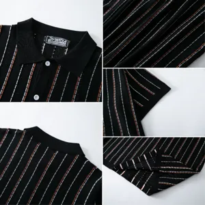 Mens summer striped knit polo shirt detail view, short sleeve casual knitted top, black.