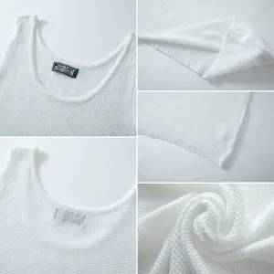 Summer men's fitness hollow tank top, American retro oversized loose knitted vest.