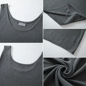 Detailed view of gray knit sleeveless tank top showing breathable mesh texture and seams.