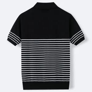 Men's striped knitted short sleeve polo shirt, casual contrast color lapel pullover top.