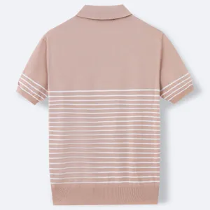 Detailed view of men's knitted polo shirt back design with horizontal stripe patterns.