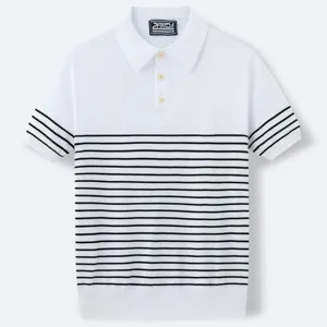 Men's knitted striped contrast short sleeve polo shirt, casual lapel pullover top.