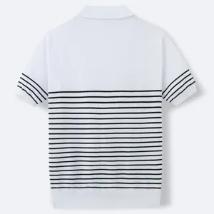 Rear view detail of men's knitted short sleeve polo shirt with classic black and white stripes.