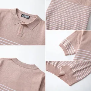 Detailed view of the knit polo shirt showcasing the fabric texture, collar, and striped pattern.
