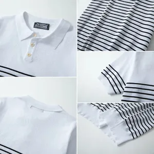 Men's knitted striped polo shirt detail showing collar, buttons, and soft fabric.