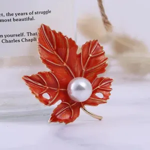 Vintage Alloy Maple Leaf Brooch With Artificial Pearl Orange-Red Enamel Botanical Brooch Safety Pin For Sweaters Scarf Women Men Jewelry