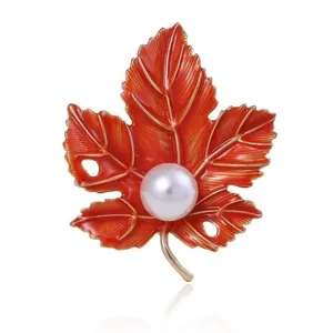 Elegant red maple leaf pearl brooch, chic autumn sweater scarf pin fashion jewelry