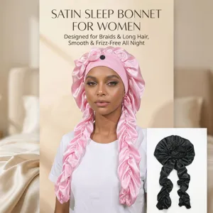 Satin sleep bonnet for women long hair, silky braid cap with ties for nighttime hair care.