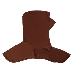 Close-up detail of the solid brown balaclava hooded scarf, soft and stretchy fabric design.