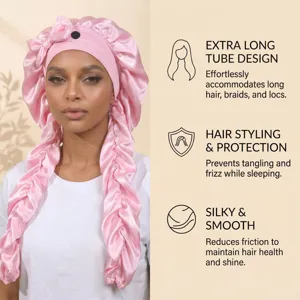 Pink extra long satin sleep bonnet with bow, silky hair protection cap for long hair and braids.