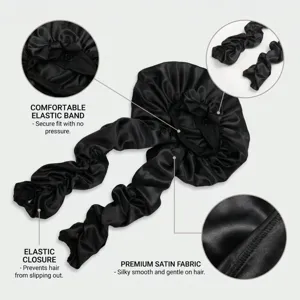 Close-up detail of the black satin sleep bonnet featuring comfortable elastic band and smooth fabric.