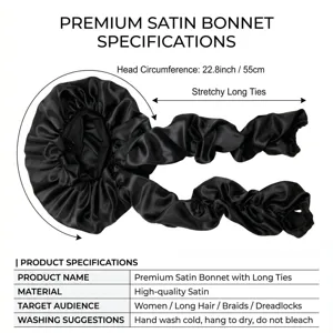 Detailed view of black satin hair bonnet with long ties and head circumference size.