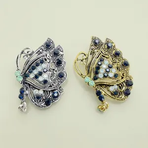Retro rhinestone butterfly brooch pin, vintage alloy crystal suit coat accessories for women.