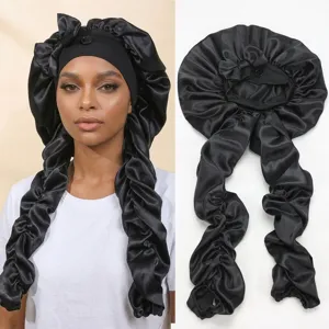 Women Satin Sleep Cap Bowknot Long Braid Hair Care Night Sleep Hat Adjustable Soft Bonnet