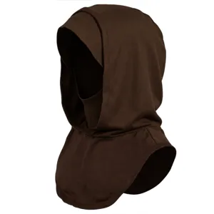 Detailed view of solid dark brown elastic balaclava hood scarf, comfortable winter thermal headwear.