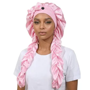 Pink satin long sleep bonnet with braids bow adjustable night cap hair care styling tool
