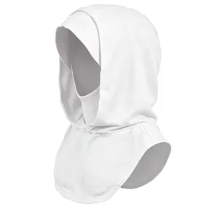 Detailed view of white stretch balaclava hood showing fabric texture and seamless design.