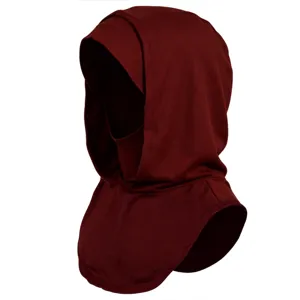 Dark red solid color elastic balaclava hood with integrated scarf design detail view.