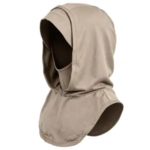 Khaki solid color stretchy balaclava hooded scarf integrated design for outdoor windproof warmth.