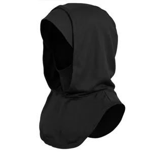 Detailed view of the black balaclava hood, elastic integrated design for ultimate warmth and style.