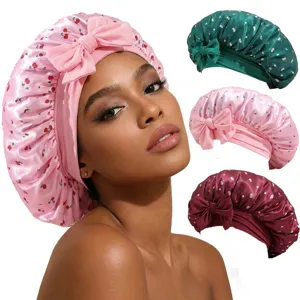 Women Satin Sleep Cap Cherry Print Wide Brim Bow Turban Hat Soft Silk-Like Hair Care Night Sleep Bonnet